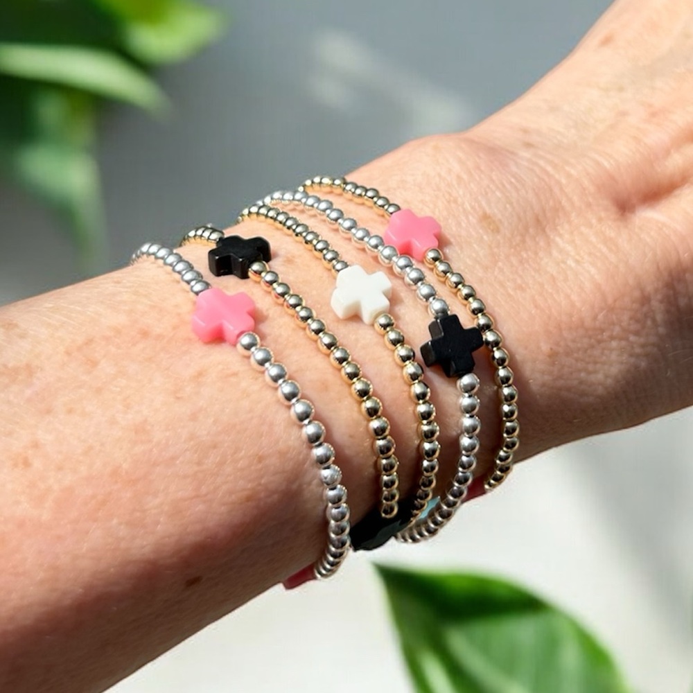 Black Cross Bracelet Gold Filled beads stretch, no tarnish waterproof